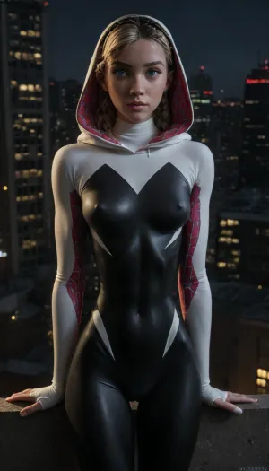 night, clear weather, (((18 years old))), (((young))), (spider girl Gwen Stacy), Braided side Side Cornrows Hair, (tight outfit), (athletic body:1.5), hood on head, (hip gap:1.3), wide hips, (narrow waist:1.4), (blonde with pink strands), (view from front and above:1.6), climbs to the roof of a high-rise building, (makeup), New York day, ((pussy cameltoe:1.4)), (wet clothes), (makeup:1.2), (oiled skin:1.5), (wet tight bodysuit:1.8), hand, 1girl, (athletic ass), medium natural breast, (high detailed face:1.5), dim lights, (hard nipples:1.3), (chiaroscuro lighting:.3), <lora:HandFineTuning_XL:1>, <lora:MGLRbodysuit_sdxl:.6>, <lora:uberfit_lora_sdxl:.4>, <lora:dark:.3>