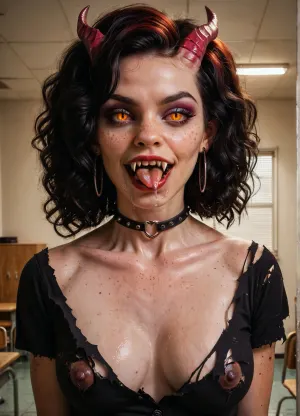 nude schoolroom, realistic mid 30’s woman, freckles, (very torn clothes:1.2), (very fit), vascular, (dolly little), petite, Small, (intense gaze), (gothic), x, morphing, into, y, (possessed), arms raised, (transforming into a vascular anthro succubus:1.31), (sharp dragon fangs:1.3), open mouth drooling, (saliva flowing from tongue), (dragon tongue), out, Intense, gaze, F dragon, Amber, cat, Anthro..., woman, Genetically, modified., (dark nipples), .., <lora:Stunning_eyes_2:.8>