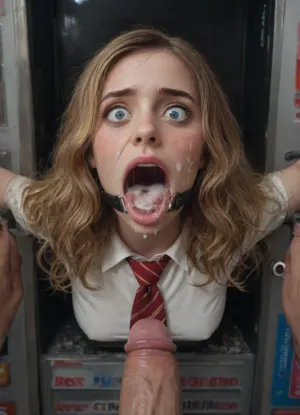 (Hermione Granger), (Hermione Granger is stuck with her hips in a round hole with metal rim in a vending machine), (her bust is protruding from a round hole in the front of the vending machine:1.5), (stuck in hole with metal rim:1.3), (vending machine at night, slot for payment), (wide mouth spreader ring gag, gaping mouth:1.5), (leaning forward), (embarrassed, ashamed), (pleading expression:1.2), (terrified:1.6), (crying), (fear and panic:1.2), (box is low mounted, close to floor), (score_9, score_8_up, score_7_up, UHD 8K, masterpiece, best quality, maximum details, natural light, extreme realism, cinematic still), (huge penis:1.4), (she stares at erect penis in front of her face:1.3), (POV from above, she is looking up to viewer, submissive), (POV man standing and looking down, man stroking his big dick:1.1), (arms restrained to wall), (her arms left and right flat against the wall, multiple iron rings fixing her stretched arms against the wall:1.5), (POV standing man, looking down on her:1.2), (mouth wide open), (dirty blonde Swedish woman, freckles, tanned), (tan lines), (iron rings restrain her arms to vending machine), (her arms are spread eagle against vending machine:1.8), (arms restrained with iron rings:1.8), (free-standing vending machine), (her face is covered in cum:1.6), (cum in er mouth:1.1), (bukkake, facial:1.3), (freckles, skin impurities), (transparent liquid:1.2), (realistic cum), (wet face:1.2), (oily skin:1.5), (stuck with hips in a round hole with metal rim:1.6), (long blonde hair, elegantly styled hair, long wavy hair:1.5), (eyes wide open in horror:1.3), (her mouth serves only one purpose), (she's got a new job, she's a public cum dumpster), (pink glossy lips:1.3), (shocking pink lips, pink lipstick:1.5), (eerie lighting:1.3), (smeared lipstick:1.3), (white shirt, red and golden striped tie, Hogwarts Gryffindor school uniform:1.3), Hermione_Granger, a, woman, wearing, red, dress, sweater, coat, and, scarf, in, jeans, jacket, pink, zip, hoodie, pant, <lora:Hermione_Granger:.8>