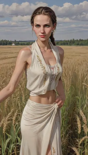 mature women, russian supermodel, detailed eyes, thin eyebrows, no makeup, long natural brown hair, (tall girl), ((skinny body)), (narrow waist), (flat stomach), realistic body proportions, perfect anatomy, good hands with perfect fingers, long skinny legs, thigh gap, big breasts, erected nipples, random pose, unique angle view, A beautiful mature Russian woman in the wheat fields of Tver Russia, during spring. She is wearing elegant, clean, and colorful traditional russian attire, a fitted embroidered vest over a flowing thin white blouse, and a delicately patterned silk scarf loosely draped over her hair. Her hair is braided. Her look is graceful and welcoming. The scene is lush and vibrant — bright wheat fields, soft sunlight glowing through light clouds. The image is cinematic, culturally rich, inviting, perfect for tourism promotion, ((no skirt)), ((bottomless)), Rating_explicit, Source_anime, 80's anime style, (A detailed pencil drawing with clean lines and meticulous shading, sketch of a woman), drawing have delicate shading and intricate details, capturing the essence of the subject with fine pencil strokes, background is simple, allowing the focus to remain on the portrait itself, drawing by NTY, v0ng44g, sk3tch, .8>, ratatatat74, <lora:sketch_it:1.1>, <lora:ratatatat74-000050:.8>, <lora:NEOTOKIOXL_0.2_RC:.8>