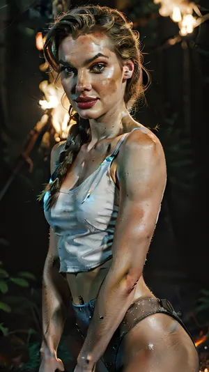 1girl, portrait of sinclair, parted lips, evil smirk, white tank top, night, stars, forest, campfire, looking at viewer, volumetric lighting, best quality, masterpiece, realistic, <lora:sxz-helga-sinclair-v6:.8>