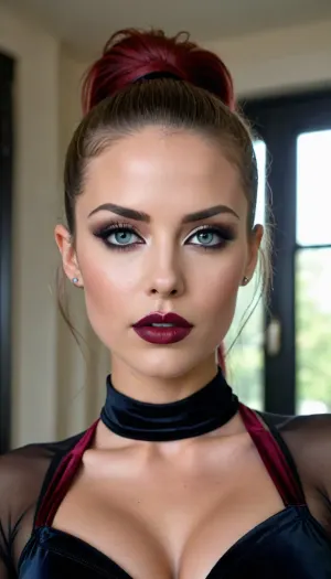 sexy and beautiful full PU executive girl woman, perfect lips, dark gothic make up, dark gothic eyes shadows, long dark gothic eye liner, velvet matte liquid carmine lips, ponytail, SEXY FACE, full body view, <lora:uberfit_lora_sdxl:.5>, <lora:bombshell_v2:.5>