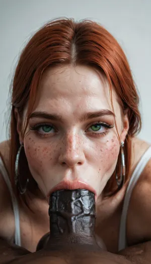 (((Ultra realism))), (1gorgeous woman, 25 years old, red head, beautiful face, freckles, green eyes, Ahegao face, white skin, plump lips), blowjob, (deepthroat:1.3), (huge oversized black penis:1.4), close_up, extremely detailed