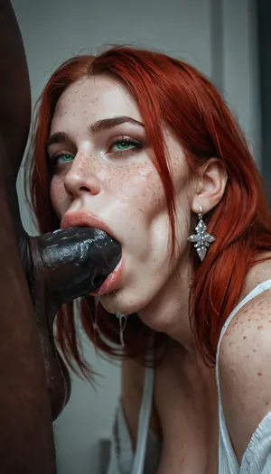 (((Ultra realism))), (1gorgeous woman, 25 years old, red head, beautiful face, freckles, green eyes, Ahegao face, white skin, plump lips), blowjob, (deepthroat:1.3), (huge oversized black penis:1.4), drool, saliva, spit, close_up, extremely detailed, 4k