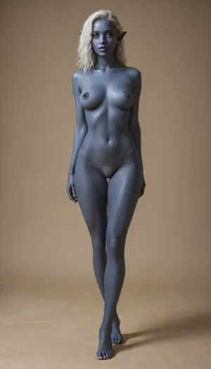 Beautiful female Drow elf, dark grey blue skinned female elf, dark grey blue skin, white hair, sharp features, pubic hair, nude full body view
