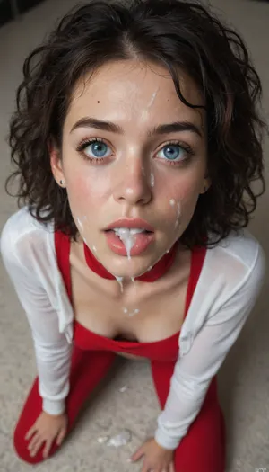 ((25yo cum covered fitness model on her knees)), (girl:1.8), huge cum covered, bukakke, cumshot, cum on face, (black hair), ((skinny face)), ((long black messy after sex hair frames her face)), tousled hair, blue eyes, skinny, perfect body, perfect breasts, looking up at viewer, eye contact, ((wearing a red satin roll neck top with 'cum here' in white writing on front)), long sleeves, surprised, messy updo, red leggings, woman, face, breasts, stomach, covered, in, perfect, facial, pov, tongue, out, open, mouth, closed, eyes, cum, on, cloth, cheekjob, <lora:facialized:.5>