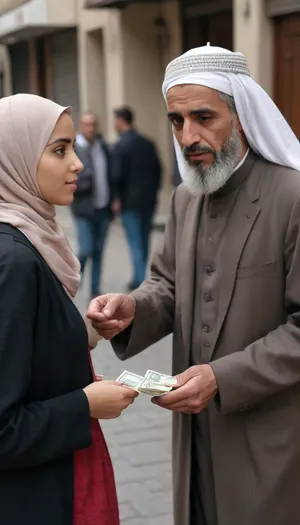 (Young Arab girl takes money on the street), (takes money from a very old guy), (sucks his dick), (holds money in her hands), (in hijab), ((very old Arab man))