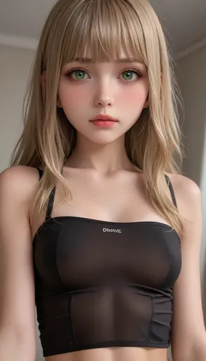 (Dinamic random photo angle and frame:1.8), (Realistic amateur photo), 8k, (candid photo), french amateur petite girl, 19yo, delicate natural beauty, blush, (bright green eyes with eyelashes and eyeliner), sharp face features, (balayage blonde long hair with bangs), pale oily skin, fit skinny body, tiny tits, narrow waist, fit abs, thin legs, (black see-through crop top and slutty miniskirt with upper g-string visible), realistic skin texture, realistic detailed face, night time, dark, happily aroused and excited. in luxurious living room., (extreme detailed face), (perfect teething), (hiperrealistic skin texture), detailed, face, freckles, tiny moles, big glossy lips, Caucasian woman, beautiful face, tan skin, horny expression, beautiful, perfect face, makeup, (overflowing cameltoe:1.5), (fat pussy), (dinamic pose:1.3), (overflowing vulva), (overflowing pusdy lips), waist, oiled skin, gorgeous, looking at viewer seductively, seductive eyes, model, topless, stockings and garters, waist shot, tan lines, black long hair, shy, blue eyes, (comically hyper puffy swollen vulva), rounded ass, large rounded breasts, nice pussy, perfect feminine Estonian face, seductive, (hair up in bun), <lora:add-detail-xl:.8>, <lora:Beautify-Supermodel-SDXL:.8>