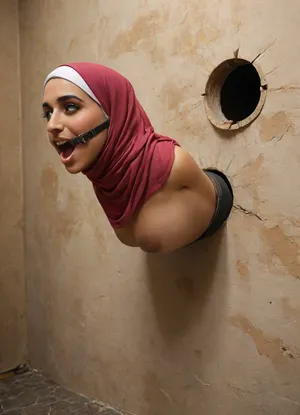 (glory wall:1.3), (bust and head sticking out of glory wall:1.3), (muslim turkish girl trapped in hole in wall:1.5), (stuck in wall up to waist:1.3), massive round silicone tits, hijab, black gloves, (wide mouth spreader ring gag:1.2), alone, (from side), (leaning forward:1.4), horny, happy, eyes closed, wooden wall, (score_9, score_8_up, score_7_up, UHD 8K, masterpiece, best quality, maximum details, natural light, extreme realism, cinematic still)