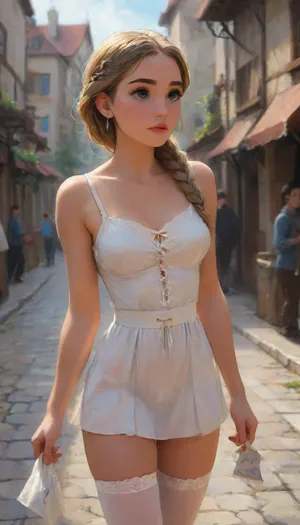 (game of thrones style), background medieval village, woman, prostitute walking the streets looking for work, blue eyes, long white blonde braided hair, medieval city setting, she is clothed in a medieval style short dress that shows her cleavage, medium sized breasts, stockings., (j_cartoon:1.4), Drawing, <lora:2BoutOvalSDXL2-000002:.5>, <lora:samdoesarts1.1-000030:.4>, <lora:J_cartoon:.3>, <lora:Animated_Concept:.4>