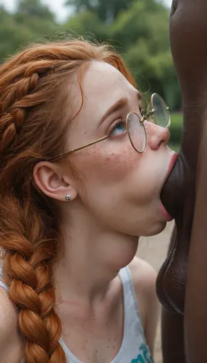 (cute 18yo girl), (ginger:1.4), (long 2 braided hair), (pale skin:1.8), (freckles:1.8), (wide round glasses), (innocent:1.4), (shy:1.4), (orgasm:1.12), (deep deepthroat:1.5), (extreme oral sex:1.24), (huge african dick:1.15), (public park background)