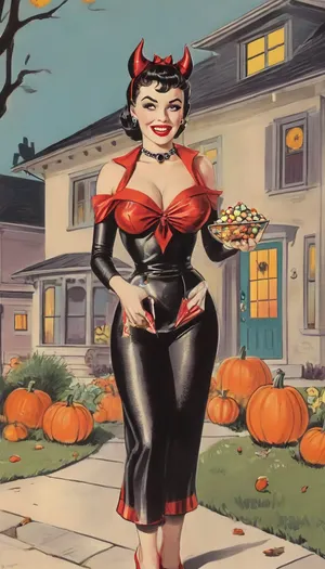 (single drawn female:1.3), (illustration:1.8), (hand drawn:1.7), (retro 1950s magazine illustration style:1.5), (no text), 1950s, on Halloween a gorgeous mom stands in front of her house holding a bowl filled with candy for trick-or-treaters, (in front of an illustrated suburban house decorated for Halloween in the 1950s:1.4), 45 years old, 1950s hairdo and makeup, beautiful, full body, (wearing a sexy devil costume), (holding a candy bowl), big sexy smile, eye contact, lipstick, long eyelashes, mascara, eyeliner, earrings, lots of freckles, huge huge breasts, incredibly enormous wide areolae, big puffy erect nipples, view from thighs up, bendaydots, retro, comic, pop, art, <lora:MJ52:2>, <lora:268086_training_data:1.2>, <lora:iltromba_artwork_style_smm_SDXL_LORA_v07:2>, puffy, nipples, dark, ghost, wide, <lora:Nipples XL:.8>
