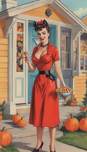 (single drawn female:1.3), (illustration:1.8), (hand drawn:1.7), (retro 1950s magazine illustration style:1.5), (no text), 1950s, on Halloween a gorgeous mom stands in front of her house holding a bowl filled with candy for trick-or-treaters, (in front of an illustrated suburban house decorated for Halloween in the 1950s:1.4), close view, sharp image, (bold colors:1.4), 45 years old, 1950s hairdo and makeup, beautiful, (wearing a sexy devil costume), (holding a candy bowl), big sexy smile, eye contact, lipstick, long eyelashes, mascara, eyeliner, earrings, lots of freckles, huge huge breasts, incredibly enormous wide areolae, big puffy erect nipples, view from thighs up, bendaydots, retro, comic, pop, art, <lora:MJ52:2>, <lora:268086_training_data:1.2>, <lora:iltromba_artwork_style_smm_SDXL_LORA_v07:2>, puffy, nipples, dark, ghost, wide, <lora:Nipples XL:.8>