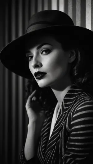 Film noir style black and white photo of a woman, side profile, wearing a wide-brimmed hat with a striped pattern, dark lipstick, hand near chin, high contrast, dramatic lighting, very high quality, vintage style, shadow on wall.