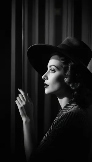 Film noir style black and white photo of a woman, side profile, wearing a wide-brimmed hat with a striped pattern, dark lipstick, hand near chin, high contrast, dramatic lighting, very high quality, vintage style, shadow on wall.