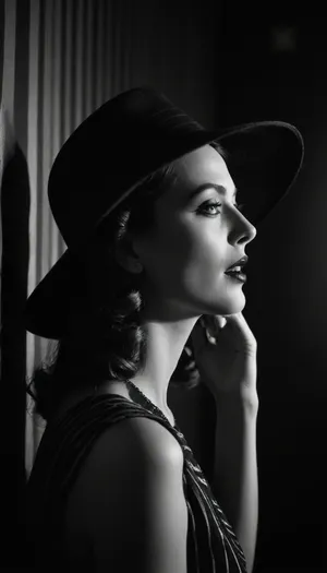 Film noir style black and white photo of a woman, side profile, wearing a wide-brimmed hat with a striped pattern, dark lipstick, hand near chin, high contrast, dramatic lighting, very high quality, vintage style, shadow on wall.