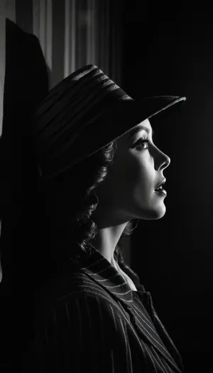 Film noir style black and white photo of a woman, side profile, wearing a wide-brimmed hat with a striped pattern, dark lipstick, hand near chin, high contrast, dramatic lighting, very high quality, vintage style, shadow on wall.