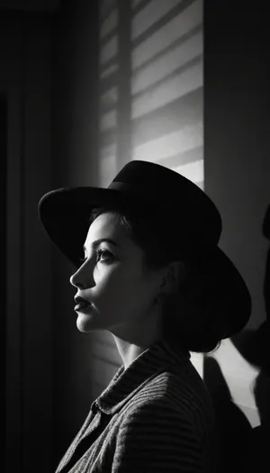 Film noir style black and white photo of a woman, side profile, wearing a wide-brimmed hat with a striped pattern, dark lipstick, hand near chin, high contrast, dramatic lighting, very high quality, vintage style, shadow on wall.