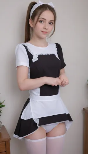 beautiful brunette 18 years old with ponytails woman, white bows, black dress, white apron, soviet schoolgirl, (the hem of the dress is pulled up, white panties are visible:1.7), white lingerie, white shoes, high heels, lewddungeon, background black walls, suxl, skirtlift, <lora:suxl:.8>, <lora:skirtlift_xl:.8>