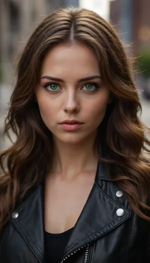 HDR photo of a beautiful woman with green eyes, long wavy brown hair, wearing a black leather jacket, blurry urban background, realistic, very high quality, serious expression, attractive, detailed, soft lighting, natural makeup.