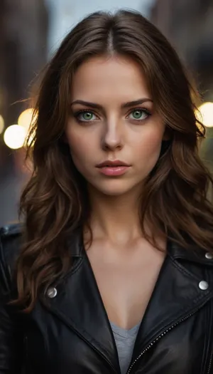 HDR photo of a beautiful woman with green eyes, long wavy brown hair, wearing a black leather jacket, blurry urban background, realistic, very high quality, serious expression, attractive, detailed, soft lighting, natural makeup.