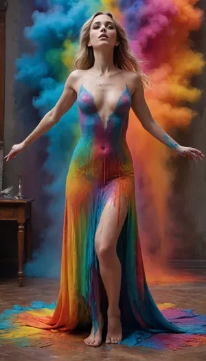 Epic surreal scene of the Chaos of Colors. Paint floods the world, colors dripping from skies and walls, turning into blazing animals. At the center stands a sexy goddess of color-chaos, her body painted with glowing pigments, wearing a gown of flowing rainbow. Surreal, cinematic explosion of hues.

#popjoe