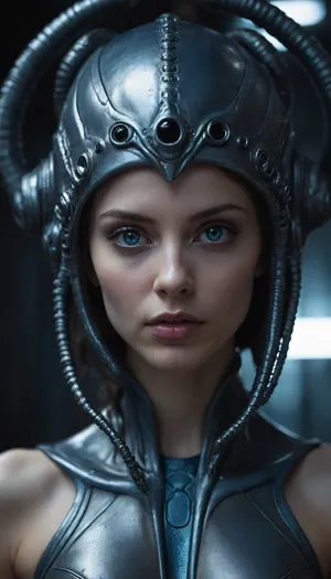 Alien-themed female character with metallic, tentacle-like headgear, blue tint, intense eyes, metallic lips, blurry background, futuristic, sci-fi, detailed textures, dark and moody lighting, very high quality, high detail, face centered.