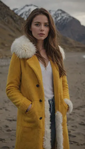 iPhone selfie of a beautiful woman with long brown hair, wearing a yellow knitted coat with a white fur collar, standing in a desolate beach landscape, mountains in the background, soft natural light, slightly blurry background, very high quality, attractive face, green eyes, subtle makeup, confident expression.