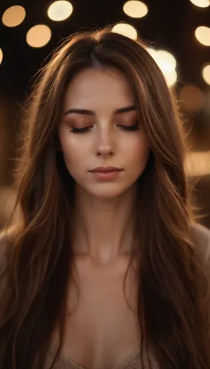 Long exposure photo of a beautiful woman with long brown hair, soft lighting, ethereal glow, closed eyes, neutral expression, smooth skin, very high quality, soft focus, bokeh background, dreamy atmosphere, light trails, soft light, professional photography.