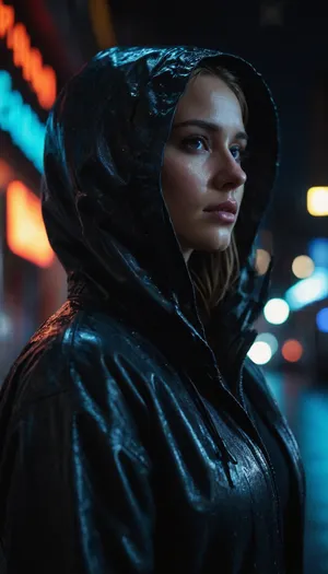 Neon noir a woman in a wet hooded jacket, neon lights in the background, blue light on their face, side profile, dark wet texture, blurry neon signs, very high aesthetic quality, cyberpunk style, dramatic lighting, cinematic shot.
