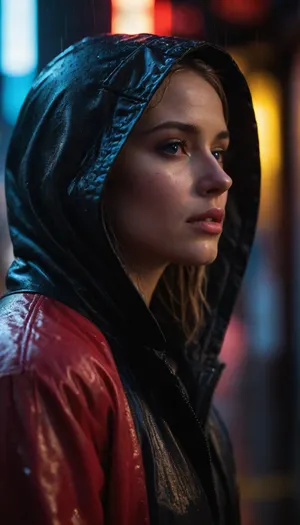 Neon noir a woman in a wet hooded jacket, neon lights in the background, blue light on their face, side profile, dark wet texture, blurry neon signs, very high aesthetic quality, cyberpunk style, dramatic lighting, cinematic shot.