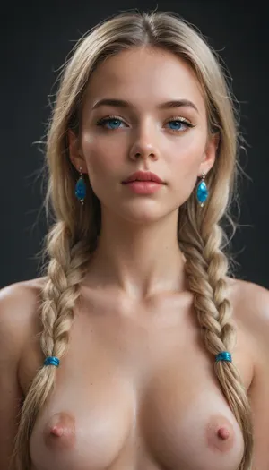 young beautiful Jewish girl 18 yo, big space eyes, long blonde hair, dual braids, big long eyelashes, perfect body, puffy nipples, pretty face, simple makeup, big round blue eyes, front view, shiny shiny boobs