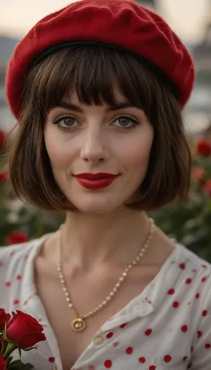 ziprealism, (nostalgic snapshot esthetic), (romantic intimacy, soft wistful smile, focus on eyes:1.6), (adorable French woman, wearing a red beret, tight white blouse with polka-dots, necklace made of red and white roses, perfect posture, prim and proper:1.8), (f/2.8, shallow depth of field, soft desaturated impressionistic lighting:1.2), (subtle bokeh:.4), (rich brunette hair, shaggy French Bob cut hair with blunt bangs, thick voluminous hair:1.8), (large expressive eyes, sad eyes, perfect eyes, pale skin, soft blush), (full sensual lips), <lora:style_lora_realis:.8>