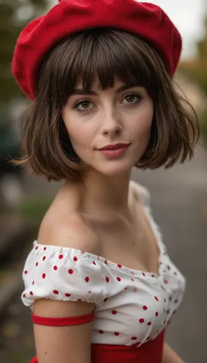 ziprealism, (nostalgic snapshot esthetic), (romantic intimacy, soft regretful smile, focus on eyes:1.2), (adorable French woman, wearing a red beret, tight white blouse with polka-dots, red skirt, perfect posture, prim and proper:1.8), (f/2.8, shallow depth of field, soft de-saturated impressionist lighting, layered composition with subtle foreground, rose petals floating in breeze:1.2), (subtle bokeh:.4), (rich brunette hair, shaggy French Bob cut hair with blunt bangs, thick voluminous hair:1.8), (large expressive eyes, sad eyes, perfect eyes, pale skin, soft blush), (full sensual lips), <lora:style_lora_realis:.8>