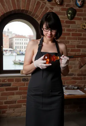 Italian mature woman, mid-40s, glassblower, working in a workshop, nude, wearing a dark naked apron. Close-up, medium shot, with a mid-range camera angle. Woman with shoulder-length black hair, wearing eyeglasses, concentrated expression, she is blowing glass head-shaped object, with a glowing orange-red flame emanating from the object, held in place with a tool. The tool is metal and a warm, deep orange-brown in color. The woman wears work gloves, as she works intently. The workshop has exposed brick walls, an arched window with a, ((Venetian cityscape:.8)), view. Venetian canal, boats, and buildings. Various, ((Venetian masks:.8)), are displayed on the brick walls, in varying colors, showcasing Ornate, detailed Venetian masks in a variety of colors hang on the brick walls, Dark, reddish-brown brick walls and wooden workbench. The lighting is warm, focused on the woman and the glass head object, casting gentle shadows in the workshop. The lighting has a warm, diffused quality with a hint of focused lighting on the woman and her work. Detailed textures of the apron, the glass object and the brick walls. Craftsmanship style, portrait