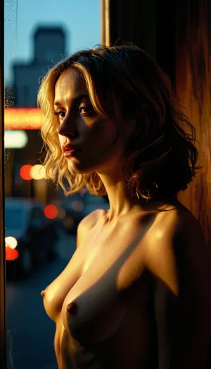 mature woman, in an dark, unlit room by a large window at night, looking out the window, she is tall and broad, thick set figure, chiseled facial features, strong jaw line, bulbous nose, sunken cheeks and high cheek bones, blond hair with black roots cut into a long bob with bangs, facing away from the viewer, the Street lights and neon signs cast light and shadow across her naked body, 80spornomag, <lora:80spmagxl_v1-000002:.8>, <lora:MJ52:.8>, <lora:Chiaroscuro-v1:1.3>