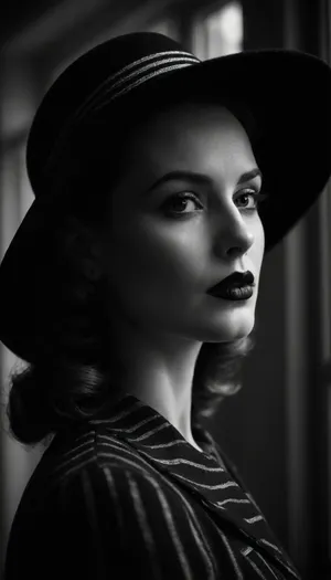 black and white photo, a woman with dark lipstick, wearing a wide-brimmed hat with a striped pattern, side profile, dramatic lighting, soft shadows, high contrast, window light in the background, shallow depth of field, Canon EOS 5D Mark III, 85mm lens, f/2.8, 1/200s, ISO 400, fashion photography, vintage style, sophisticated, stylish, classic, very high aesthetic quality.