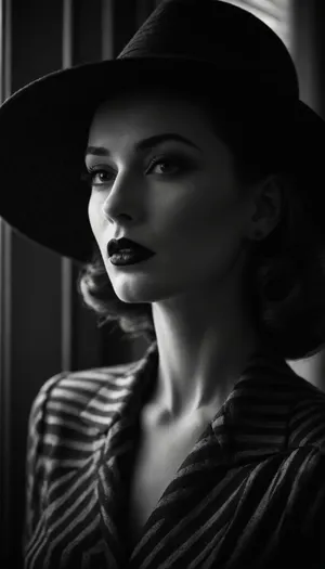 black and white photo, a woman with dark lipstick, wearing a wide-brimmed hat with a striped pattern, side profile, dramatic lighting, soft shadows, high contrast, window light in the background, shallow depth of field, Canon EOS 5D Mark III, 85mm lens, f/2.8, 1/200s, ISO 400, fashion photography, vintage style, sophisticated, stylish, classic, very high aesthetic quality.