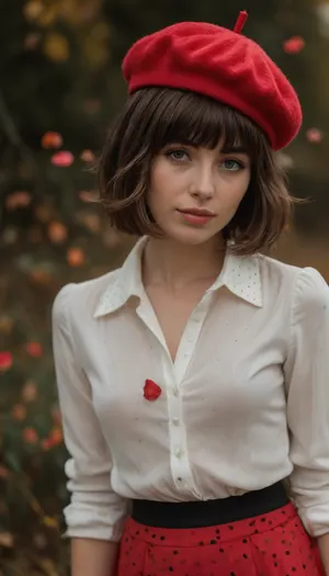 ziprealism, (nostalgic snapshot esthetic), (romantic intimacy, soft regretful smile, soulful eyes, focus on eyes:1.2), (adorable French woman, wearing a red beret, tight collared white blouse with small black polka-dots, red skirt, perfect posture, prim and proper:1.8), (f/2.8, shallow depth of field, de-saturated impressionism, soft lighting, layered composition with subtle foreground, rose petals floating in breeze:1.4), (subtle bokeh:.4), (rich brunette hair, shaggy French Bob cut hair with blunt bangs, thick voluminous hair:1.8), (large expressive eyes, sad eyes, perfect eyes, pale skin, soft blush), (full sensual lips), <lora:style_lora_realis:.8>
