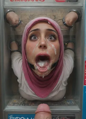 (Muslim woman is stuck with her hips in a round hole with metal rim in a black vending machine), (her bust is protruding from a round hole in the front of the vending machine:1.5), (stuck in hole with metal rim:1.3), (vending machine at night, slot for payment), (wide mouth spreader ring gag, gaping mouth:1.5), (leaning forward), (embarrassed, ashamed), (pleading expression:1.2), (terrified:1.6), (crying), (fear and panic:1.2), (box is low mounted, close to floor), (score_9, score_8_up, score_7_up, UHD 8K, masterpiece, best quality, maximum details, natural light, extreme realism, cinematic still), (huge penis:1.4), (she stares at erect penis in front of her face:1.3), (POV from above, she is looking up to viewer, submissive), (POV man standing and looking down, man stroking his big dick:1.1), (arms restrained to wall), (her arms left and right flat against the wall, multiple iron rings fixing her stretched arms against the wall:1.5), (POV standing man, looking down on her:1.2), (mouth wide open), (iron rings restrain her arms to vending machine), (her arms are spread eagle against vending machine:1.8), (arms restrained with iron rings:1.8), (free-standing vending machine), (her face is covered in cum:1.6), (cum in er mouth:1.1), (bukkake, facial:1.3), (skin impurities), (transparent liquid:1.2), (realistic cum), (wet face:1.2), (oily skin:1.5), (stuck with hips in a round hole with metal rim:1.6), (dark brown skin, Arabic), (eyes wide open in horror:1.3), (her mouth serves only one purpose), (she's got a new job, she's a public cum dumpster), (pink glossy lips:1.3), (shocking pink lips, pink lipstick:1.5), (eerie lighting:1.3), (smeared lipstick:1.3), (pink hijab:1.3)
