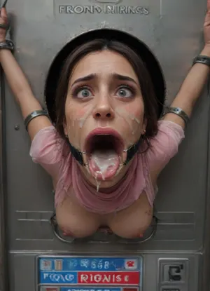 (Muslim woman is stuck with her hips in a round hole with metal rim in a black vending machine), (her bust is protruding from a round hole in the front of the vending machine:1.5), (stuck in hole with metal rim:1.3), (vending machine at night, slot for payment), (wide mouth spreader ring gag, gaping mouth:1.5), (leaning forward), (embarrassed, ashamed), (pleading expression:1.2), (terrified:1.6), (crying), (fear and panic:1.2), (box is low mounted, close to floor), (score_9, score_8_up, score_7_up, UHD 8K, masterpiece, best quality, maximum details, natural light, extreme realism, cinematic still), (huge penis:1.4), (she stares at erect penis in front of her face:1.3), (POV from above, she is looking up to viewer, submissive), (POV man standing and looking down, man stroking his big dick:1.1), (arms restrained to wall), (her arms left and right flat against the wall, multiple iron rings fixing her stretched arms against the wall:1.5), (POV standing man, looking down on her:1.2), (mouth wide open), (iron rings restrain her arms to vending machine), (her arms are spread eagle against vending machine:1.8), (arms restrained with iron rings:1.8), (free-standing vending machine), (her face is covered in cum:1.6), (cum in er mouth:1.1), (bukkake, facial:1.3), (skin impurities), (transparent liquid:1.2), (realistic cum), (wet face:1.2), (oily skin:1.5), (stuck with hips in a round hole with metal rim:1.6), (dark brown skin, wearing a pink hijab), (eyes wide open in horror:1.3), (her mouth serves only one purpose), (she's got a new job, she's a public cum dumpster), (pink glossy lips:1.3), (shocking pink lips, pink lipstick:1.5), (eerie lighting:1.3), (smeared lipstick:1.3)