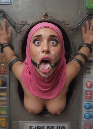 (Muslim woman with big tits is stuck with her hips in a round hole with metal rim in a black vending machine), (big tits:1.1), arms restrained spread eagle, big terrified eyes, (her bust is protruding from a round hole in the front of the vending machine:1.5), (stuck in hole with metal rim:1.3), (vending machine at night, slot for payment), (wide mouth spreader ring gag, gaping mouth:1.5), (leaning forward), (embarrassed, ashamed), (pleading expression:1.2), (terrified:1.6), (crying), (fear and panic:1.2), (box is low mounted, close to floor), (score_9, score_8_up, score_7_up, UHD 8K, masterpiece, best quality, maximum details, natural light, extreme realism, cinematic still), (huge penis:1.4), (she stares at erect penis in front of her face:1.3), (POV from above, she is looking up to viewer, submissive), (POV man standing and looking down, man stroking his big dick:1.1), (arms restrained to wall), (her arms left and right flat against the wall, multiple iron rings fixing her stretched arms against the wall:1.5), (POV standing man, looking down on her:1.2), (mouth wide open), (iron rings restrain her arms to vending machine), (her arms are spread eagle against vending machine:1.8), (arms restrained with iron rings:1.8), (free-standing vending machine), (her face is covered in cum:1.6), (cum in er mouth:1.1), (bukkake, facial:1.3), (skin impurities), (transparent liquid:1.2), (realistic cum), (wet face:1.2), (oily skin:1.5), (stuck with hips in a round hole with metal rim:1.6), (dark brown skin, Arabic), (eyes wide open in horror:1.3), (her mouth serves only one purpose), (she's got a new job, she's a public cum dumpster), (pink glossy lips:1.3), (shocking pink lips, pink lipstick:1.5), (eerie lighting:1.3), (smeared lipstick:1.3), (pink hijab:1.3)