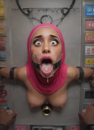 (Muslim woman with big tits is stuck with her hips in a round hole with metal rim in a black vending machine), (big tits:1.1), arms restrained spread eagle, big terrified eyes, (her bust is protruding from a round hole in the front of the vending machine:1.5), (stuck in hole with metal rim:1.3), (vending machine at night, slot for payment), (wide mouth spreader ring gag, gaping mouth:1.5), (leaning forward), (embarrassed, ashamed), (pleading expression:1.2), (terrified:1.6), (crying), (fear and panic:1.2), (box is low mounted, close to floor), (score_9, score_8_up, score_7_up, UHD 8K, masterpiece, best quality, maximum details, natural light, extreme realism, cinematic still), (huge penis:1.4), (she stares at erect penis in front of her face:1.3), (POV from above, she is looking up to viewer, submissive), (POV man standing and looking down, man stroking his big dick:1.1), (arms restrained to wall), (her arms left and right flat against the wall, multiple iron rings fixing her stretched arms against the wall:1.5), (POV standing man, looking down on her:1.2), (mouth wide open), (iron rings restrain her arms to vending machine), (her arms are spread eagle against vending machine:1.8), (arms restrained with iron rings:1.8), (free-standing vending machine), (her face is covered in cum:1.6), (cum in er mouth:1.1), (bukkake, facial:1.3), (skin impurities), (transparent liquid:1.2), (realistic cum), (wet face:1.2), (oily skin:1.5), (stuck with hips in a round hole with metal rim:1.6), (dark brown skin, Arabic), (eyes wide open in horror:1.3), (her mouth serves only one purpose), (she's got a new job, she's a public cum dumpster), (pink glossy lips:1.3), (shocking pink lips, pink lipstick:1.5), (eerie lighting:1.3), (smeared lipstick:1.3), (pink hijab:1.3)