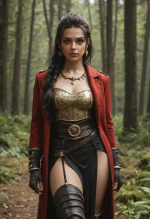 Ezmerelda d’Avenir, late 20s Vistana monster hunter, long dark hair with streaks of color, piercing brown eyes, confident expression, crimson coat with gold embroidery, leather armor, sash at waist, tall boots, prosthetic leg of dark wood and metal, semi-realistic portrait, painterly dramatic lighting, Gothic Barovian forest background.