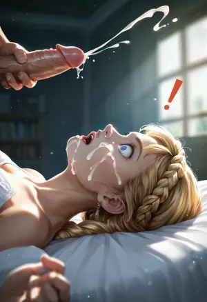 1girl, girl lying, on back, on bed, 1boy, boy kneeling, erection, male masturbation, cumshot, projectile cum, facial, blonde hair, braid, from side, low angle, ((surprised)), exclamation mark, look up at him masterpiece, ultra-HD, cinematic lighting, photorealistic, realistic, impressionism, high detail, depth of field, (blurred background), (dramatic lighting), masterpiece, best quality, very aesthetic, 8k, (light particles:1.4), nsfw, scenic, rim light, s1_dram, dynamic angle