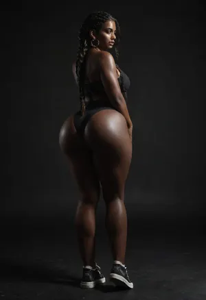 1 woman, 8k, uhg, high quality photograph, professional composition, behind view image, (39 years old, double wide huge ass), showing ass wearing only sneakers, long flowing hair, extremely braided hair, long chocolate hair, massive braid hairstyle, ebony, black skin, ethnic, african, ((in dim conference center:1.5)), <lora:dark:.2>, <lora:araminta-amazing_people:.5>, <lora:rearpussy-xl-1.0:.8>, <lora:LookAtMyAss:.8>, <lora:Darker_skin_SDXL:1.5>