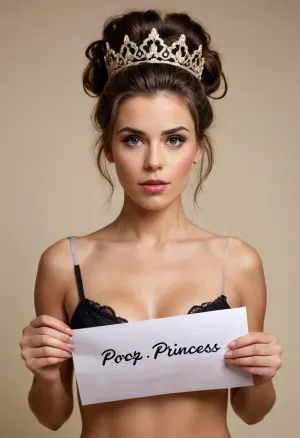 COPYRIGHT, A coquettish adult woman holding up a white paper in front — branded with the logo "PooP-Princess" in black font. Elaborate hairstyle, lingerie, movements, soft textures, serious expression on her face. beige background, END, /©KlTTY-ART/








/©KlTTY-ART/