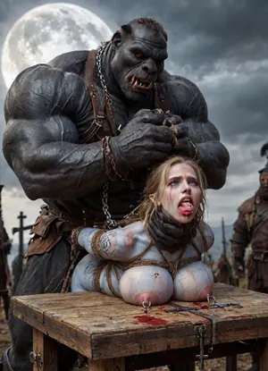 female drow elf barbarian, (blue skin:1.82), tall, angry, busty, curvy, thin waist, big boobs, big butt, slim, fit, vitiligo, strong, fur pelt armor, dungeons and dragons, purplish blue skin, black and purple hair, Dark, Elf, Warrior, Drow, tattooed, scarred, purple eyes, blue skin, amazon, giant, fur barbarian armor, bloody, blood spatter, bear, bear heart, (in a bloody filed after a battle, white full moon in the sky:1.4), (man is choking her from behind:1.4), ((hogtied, bound with large chains, crucified to a torture table, spikes through hands:1.3)), (torture:1.32), (large sharp sword in anus:1.12), cock in mouth, (brutal face fuck), Blowjob, (tears in eyes:1.5), (running makeup), (cum drips from nose:1.3), (cum drips from mouth:1.3), ultra hd, photorealistic, hyper gigantic large black cock in mouth, (((hyper gigantic large black cock in mouth:1.3))), oral cream pie, hair grab, sad crying, tongue out, gasping for air, zavy-brbrn, gangbang, double anal penetration, anal spitroast, groupsex, deepthroat, (4 gigantic African black brute thug, huge trunklike arms, huge head, hyper muscular body, dressed in slave clothes:1.32), ((hogtied, bound for sex, tied up)), (((hyper gigantic large white cock in mouth:1.3))), (pulled nipples:1.2), nipple clamps, (((spitroast))), (((hyper large cock in mouth:1.3))), screaming, shocked, deep anal penetration, Uber realistic, 8k, ultra detailed, masterpiece, arched back, detailxl, 35mm photograph, film, professional, 4k, 1girl, 5 boys, hdr, photographic, ultra realistic, ultra high details, back light, (front view), (dynamic pose), best quality, incredibly lean body, anal sex, with large muscular black men, gargantuan black cocks, large hyper muscular fat old men, (double anal sex), swollen white veiny cocks, (double anal penetration), hardcore double penetration, proper physics, big white cocks, muscular white double anal gangbang, (forceful penetrations), extremely graphic, shocked expression, beautiful hands, defeating a woman in combat, fighting, killing, blood, winning fight, magazine cover, Realism_Quality_2xx_By_Stable_Yogi, score_9, score_8_up, score_7_up, (((very pretty face:1.3))), (((extremely ultra detailed face:1.3))), perfect fingers and hands, upper body view, (extreme size difference:1.6), (ultra realistic), (maximum quality), (high resolution), (extreme detail), (ultra realism), UHD, super high quality, highly detailed, high resolution, perfect lighting, natural lighting, (dynamic angle), (random angle), (random pose), (dynamic view), (random view), golden hour, rich details, nature-inspired color palette, <lora:Dark_Elf_Warrior:2>, <lora:Drow:2>, <lora:339100_training_data:2>, <lora:zavy-brbrn-sdxl:2>, <lora:LCMTurboMix_Euler_A_fix:2>