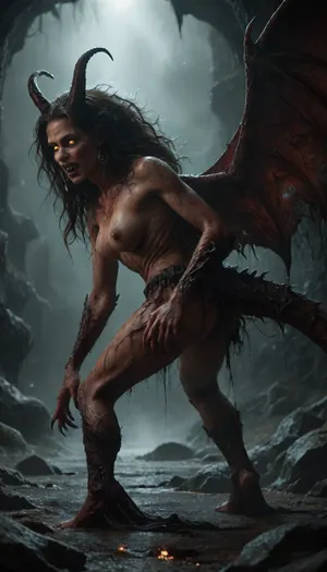 1woman, she-devil, demon, ugly, scary, dark, beast, uneasy, macabre, evil, goddess of hell, demonic, Black, wings, monster, scary creature, apocalypse, rapture, hell, hell on earth, apocolyptic scene of destruction, extremely intricate detail, best quality, view from side, award winning photo, <lora:demonXL:2>, <lora:842553_training_data:2>, <lora:952396_training_data:2>, <lora:DonM3v1lM4dn355XL-v1.1-000012:2>, <lora:DonMD34thM4g1cXL_v3.0-000015:2>