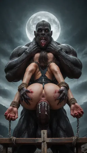 1woman, she-devil, demon, ugly, scary, dark, beast, uneasy, macabre, evil, goddess of hell, demonic, Black, wings, monster, scary creature, apocalypse, rapture, hell, hell on earth, apocolyptic scene of destruction, extremely intricate detail, best quality, view from side, award winning photo, (in a bloody filed after a battle, white full moon in the sky:1.4), (man is choking her from behind:1.4), ((hogtied, bound with large chains, crucified to a torture table, spikes through hands:1.3)), (torture:1.32), (large sharp sword in anus:1.12), cock in mouth, (brutal face fuck), Blowjob, (tears in eyes:1.5), (running makeup), (cum drips from nose:1.3), (cum drips from mouth:1.3), ultra hd, photorealistic, hyper gigantic large black cock in mouth, (((hyper gigantic large black cock in mouth:1.3))), oral cream pie, hair grab, sad crying, tongue out, gasping for air, zavy-brbrn, gangbang, double anal penetration, anal spitroast, groupsex, deepthroat, (4 gigantic African black brute thug, huge trunklike arms, huge head, hyper muscular body, dressed in slave clothes:1.32), ((hogtied, bound for sex, tied up)), (((hyper gigantic large white cock in mouth:1.3))), (pulled nipples:1.2), nipple clamps, (((spitroast))), (((hyper large cock in mouth:1.3))), screaming, shocked, deep anal penetration, Uber realistic, 8k, ultra detailed, masterpiece, arched back, detailxl, 35mm photograph, film, professional, 4k, 1girl, 5 boys, hdr, photographic, ultra realistic, ultra high details, back light, (front view), (dynamic pose), incredibly lean body, anal sex, with large muscular black men, gargantuan black cocks, large hyper muscular fat old men, (double anal sex), swollen white veiny cocks, (double anal penetration), hardcore double penetration, proper physics, big white cocks, muscular white double anal gangbang, (forceful penetrations), extremely graphic, shocked expression, beautiful hands, defeating a woman in combat, fighting, killing, blood, winning fight, magazine cover, Realism_Quality_2xx_By_Stable_Yogi, score_9, score_8_up, score_7_up, (((very pretty face:1.3))), (((extremely ultra detailed face:1.3))), perfect fingers and hands, upper body view, (extreme size difference:1.6), (ultra realistic), (maximum quality), (high resolution), (extreme detail), (ultra realism), UHD, super high quality, highly detailed, high resolution, perfect lighting, natural lighting, (dynamic angle), (random angle), (random pose), (dynamic view), (random view), golden hour, rich details, nature-inspired color palette, <lora:demonXL:2>, <lora:842553_training_data:2>, <lora:DonM3v1lM4dn355XL-v1.1-000012:2>, <lora:DonMD34thM4g1cXL_v3.0-000015:2>, <lora:zavy-brbrn-sdxl:2>